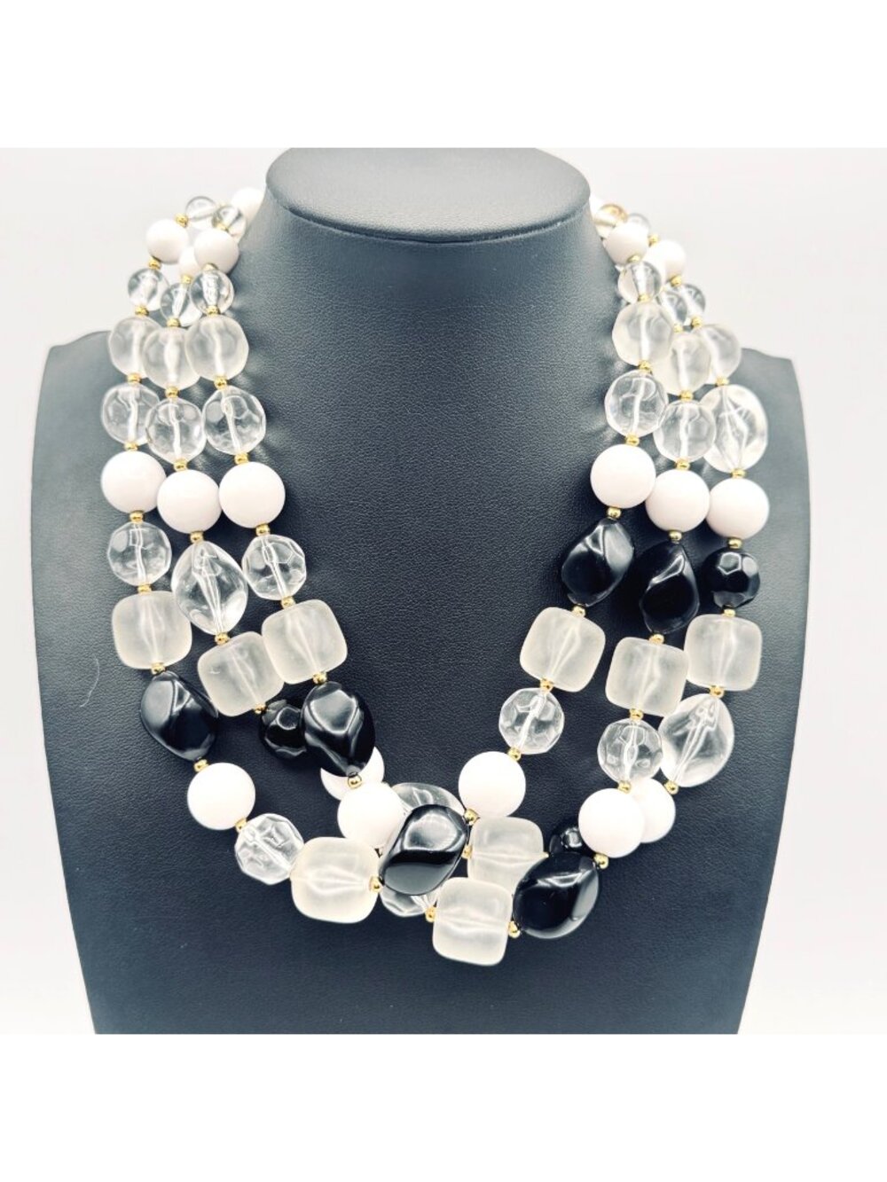 Chunky Liz Claiborne 3 Strand Necklace Statement Black White Clear Gold Beads18”